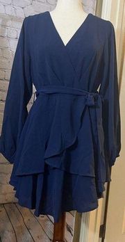 Women's Dress Deep V-Neck Long Sleeve Waist Tie Ruffle Mini Swing Blue S NWOT