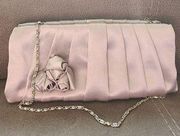 Jessica McClintock Silver Rose Flower Satin Pleated Clutch Bag