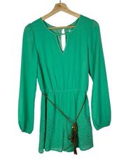 She + Sky Mint Green Laser Cut Long Sleeve Silk Romper S