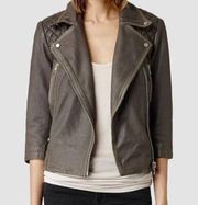 AllSaints Cropped Cargo Leather Jacket Quilted Moto Grey 2 Distressed Preowned