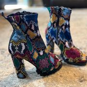 Women’s size 7, Liliana open toed boots,colorful snakeskin print 3-4”chunky heel