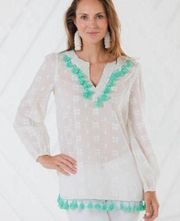 Sail to Sable XS White & Blue Tassel Tunic Long sleeve Cotton Lightweight Top