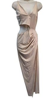 WANTMYLOOK Nude form fitting maxi side cut out sexy dress