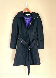 Black Recycled Wool Belted Trench Coat Sz 4