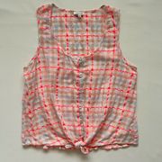 Cotton Neon Pink Checkered Plaid Lightweight Tie Front Crop Tank Top M