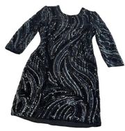 Express Dress Womens 2 Black 3/4 Sleeve Sequin Crew Neck Mini Long Sleeve V Back