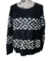 August Silk Women Large Sweater Black Eyelash Knit Crewneck Geometric Fuzzy Soft