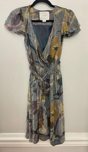 Anthropologie Maeve 100% Silk Botanical Tie Waist Dress 2P Generous Sizing