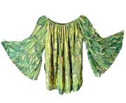 Lucky & Blessed Off-Shoulder Green Cactus print Tiered Bell sleeve Top Small