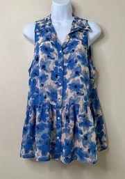 Ava Blue Abstract Floral Button Front Sleeveless Peplum Blouse Women's Large