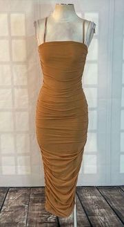 Hot Miami styles tan ruched bodycon midi dress size small