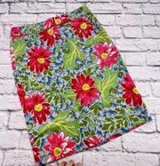 Talbots Midi Pencil Skirt Women's Size 8 Blue/Red Floral Print Back Zip Cotton‎