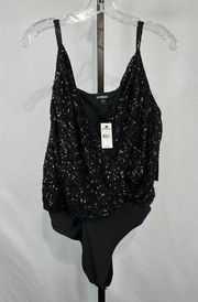 Express Women's Faux Wrap Sequin Cami Thong Bodysuit Size L Black NWT SOLD OUT!