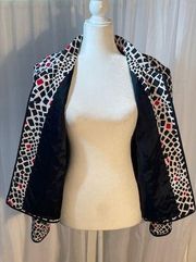 Vintage Maggy London Size 16 Quilted Jacket 100% Silk White Red Black Pattern