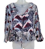 Jessica Simpson Patchwork Patterned Button Front Blouse Ruffled Long Sleeve M