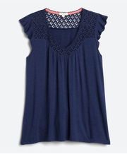 Mason & Belle Womens Lace Yoke Ruffle Detail Knit V-Neck Davina Top Navy Small