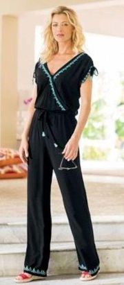 Soft Surroundings Baja Jumpsuit Black Turquoise Embroidery Tassel Size Large