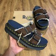 Dr Martens Myles Brown Leather Fur Sandals Slippers Slides Shoes New 