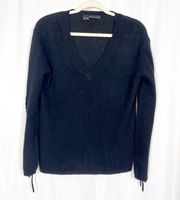 360 Cashmere Numi Cashmere Lace Up Sleeves Jumper V Neck Sweater: Black