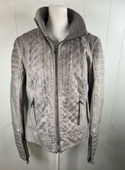 Guess women’s size Large faux leather jacket in a distressed gray color.