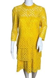 Alex Marie Dress Womens 10 Golden Yellow Nadia Tiered Lace Sheer Guipure Lace