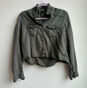 The Kooples 100% Lyocell Cropped Army Green Long Sleeve Button Down Size Small