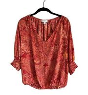 Gathered V Neck Blouse Size Small Puff Sleeve Smocked Red Pink Paisley