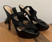 Prada Black Leather Cross Strap Heels