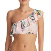 Isabella Rose Blossoms Asymmetrical Ruffle One Shoulder Floral Bikini Top M Pink