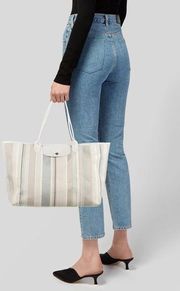 Longchamp Lepliage White Striped Canvas Tote Shoulder Bag