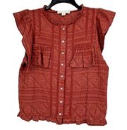 NWOT Lovestitch Boho Burgundy Button Up Top Crochet Pleated Neck Size M