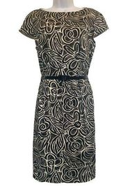 𝅺Chetta B EUC Black White Floral Belted Cap Sleeve Dress Sz 10