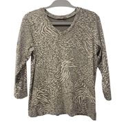 Fresh Produce Womens Top V Neck 3/4 Sleeve 100% Cotton Green Cream Animal Print