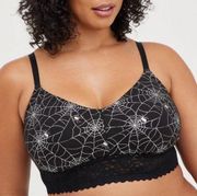 Torrid Curve Lightly Lined Cotton Lace Hem Bralette Black Silver Webs 1 1X 14/16