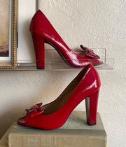 Nine & Co Red JJMimo Peep Toe Bow Thick Heels Pinup Patent Leather Shiny Size 6