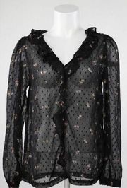 ALLSAINTS Ari Aster Clip Dot Floral Top Sz US 2 Sheer Long Sleeve Ruffle Trim