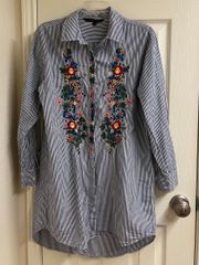 blue white stripe embroidered floral button down collar dress shirt