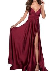 La Femme 28571 Burgundy Satin Deep V-neck A-line Gown Women's Size 4 NWT