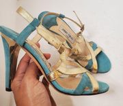 Jimmy Choo Gold and Teal Higheel Sandals Size 36.5