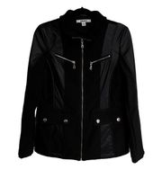 DKNY black faux leather mixed media jacket coat moto button spandex size S