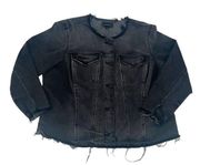 Black Faded Distressed Raw Hem Stretch Denim Jean Jacket  Size 22