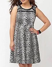 Lane Bryant Dress Women's 18 Fit & Flare Leopard Print Faux Leather Trim Black