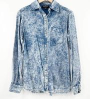 FIFTEEN TWENTY Button Down Shirt Tie Dye Distressed Frayed Hem Blue Size Small