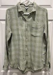 Sonoma Woman’s Large  Green White Plaid Cotton Gauze Roll Sleeve Button Up