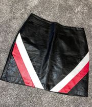 black lether skirt with red & white