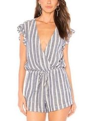 Bella Dahl Ruffle Sleeve V-Neck Striped Linen Blend Romper Size Medium