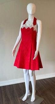 Jessica McClintock For  Vintage Red Brocade Halter Dress With Lace