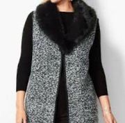 Talbots Open Wool Blend Tweed Sweater Vest M Faux Fur Detachable Collar Pockets
