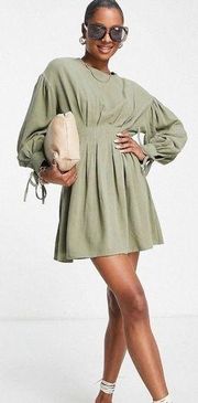 ASOS Design Nipped Waist Linen Blend Dress Size 16 Olive Khaki Tie Cuffs