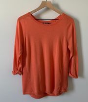 Rolled 3/4 Sleeve Crew Neck Top Coral Tight Knit Accents Solid Medium